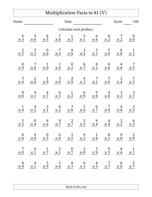 The Multiplication Facts to 81 (100 Questions) (With Zeros) (V) Math Worksheet