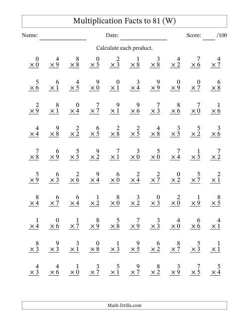 The Multiplication Facts to 81 (100 Questions) (With Zeros) (W) Math Worksheet