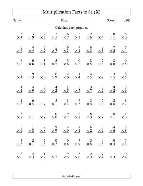 The Multiplication Facts to 81 (100 Questions) (With Zeros) (X) Math Worksheet