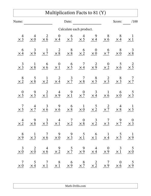 The Multiplication Facts to 81 (100 Questions) (With Zeros) (Y) Math Worksheet
