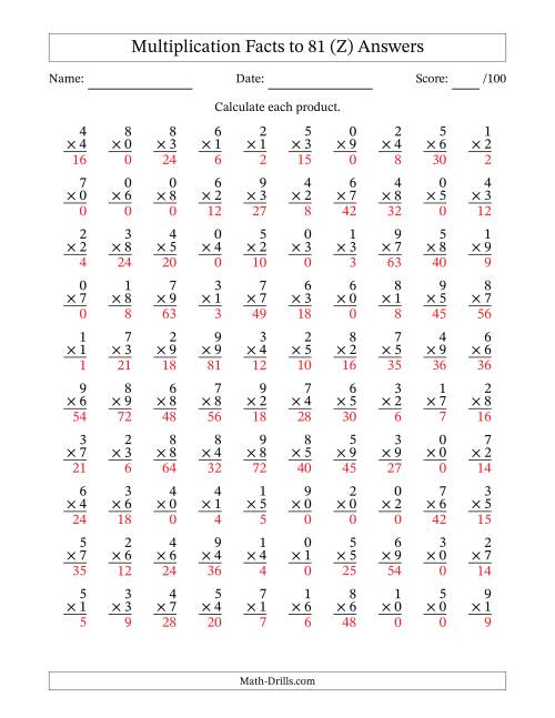 The Multiplication Facts to 81 (100 Questions) (With Zeros) (Z) Math Worksheet Page 2