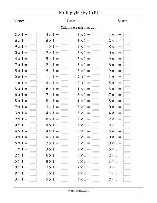 The Horizontally Arranged Multiplying (0 to 9) by 1 (100 Questions) (E) Math Worksheet