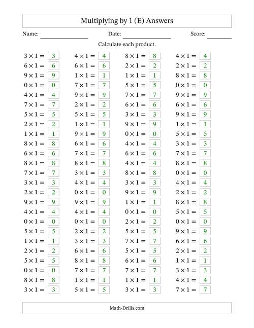 The Horizontally Arranged Multiplying (0 to 9) by 1 (100 Questions) (E) Math Worksheet Page 2