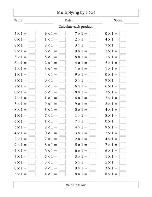 The Horizontally Arranged Multiplying (0 to 9) by 1 (100 Questions) (G) Math Worksheet