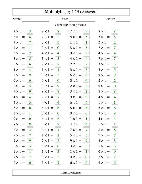 The Horizontally Arranged Multiplying (0 to 9) by 1 (100 Questions) (H) Math Worksheet Page 2