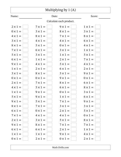 The Horizontally Arranged Multiplying (0 to 9) by 1 (100 Questions) (All) Math Worksheet