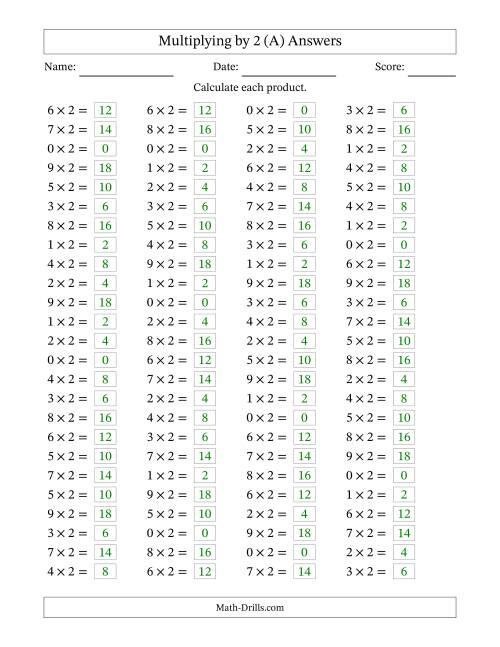 The Horizontally Arranged Multiplying (0 to 9) by 2 (100 Questions) (A) Math Worksheet Page 2