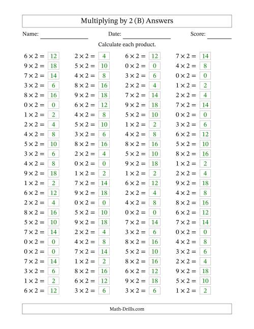 The Horizontally Arranged Multiplying (0 to 9) by 2 (100 Questions) (B) Math Worksheet Page 2