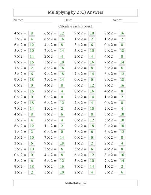 The Horizontally Arranged Multiplying (0 to 9) by 2 (100 Questions) (C) Math Worksheet Page 2