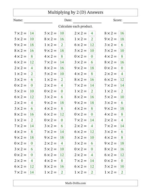 The Horizontally Arranged Multiplying (0 to 9) by 2 (100 Questions) (D) Math Worksheet Page 2