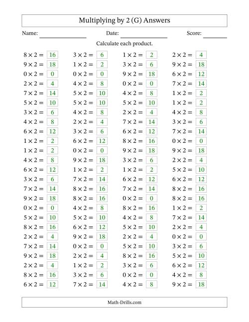 The Horizontally Arranged Multiplying (0 to 9) by 2 (100 Questions) (G) Math Worksheet Page 2