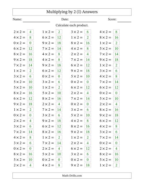 The Horizontally Arranged Multiplying (0 to 9) by 2 (100 Questions) (I) Math Worksheet Page 2