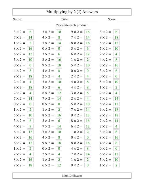 The Horizontally Arranged Multiplying (0 to 9) by 2 (100 Questions) (J) Math Worksheet Page 2