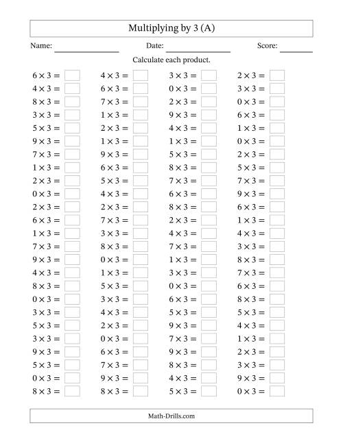 The Horizontally Arranged Multiplying (0 to 9) by 3 (100 Questions) (A) Math Worksheet