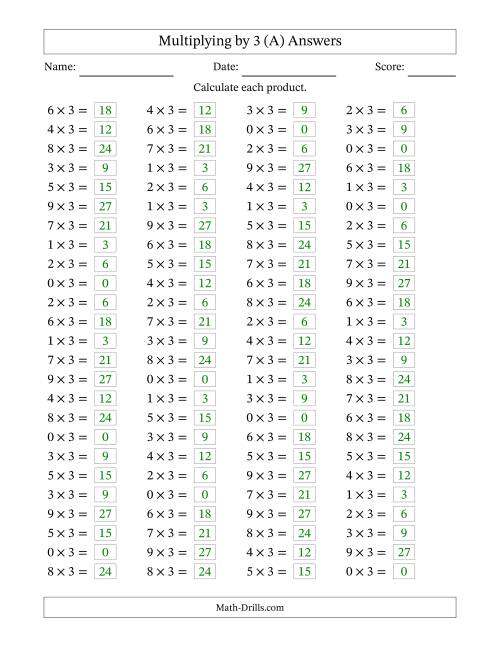 The Horizontally Arranged Multiplying (0 to 9) by 3 (100 Questions) (A) Math Worksheet Page 2