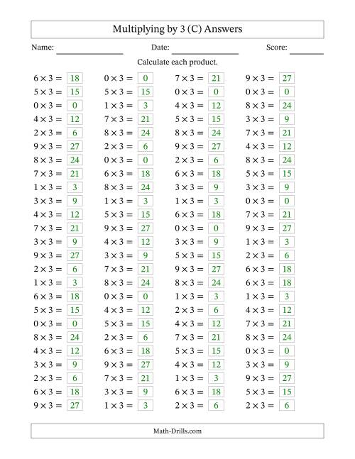The Horizontally Arranged Multiplying (0 to 9) by 3 (100 Questions) (C) Math Worksheet Page 2
