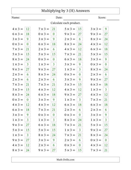 The Horizontally Arranged Multiplying (0 to 9) by 3 (100 Questions) (H) Math Worksheet Page 2