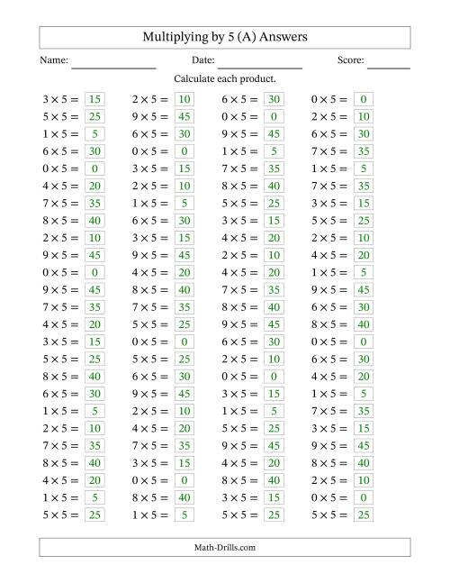 The Horizontally Arranged Multiplying (0 to 9) by 5 (100 Questions) (A) Math Worksheet Page 2