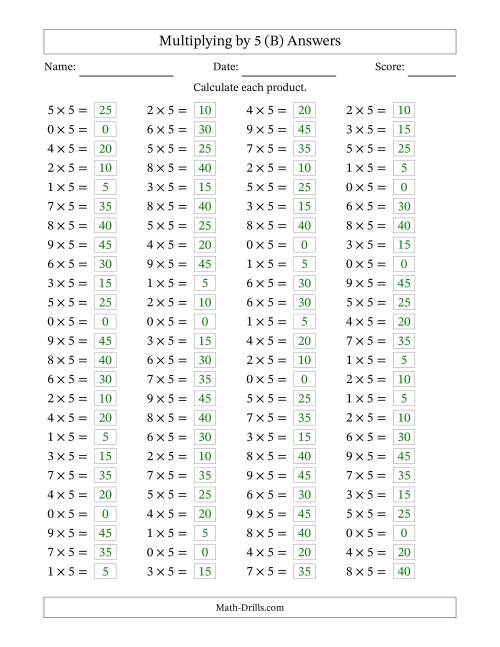 The Horizontally Arranged Multiplying (0 to 9) by 5 (100 Questions) (B) Math Worksheet Page 2
