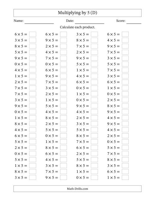 The Horizontally Arranged Multiplying (0 to 9) by 5 (100 Questions) (D) Math Worksheet