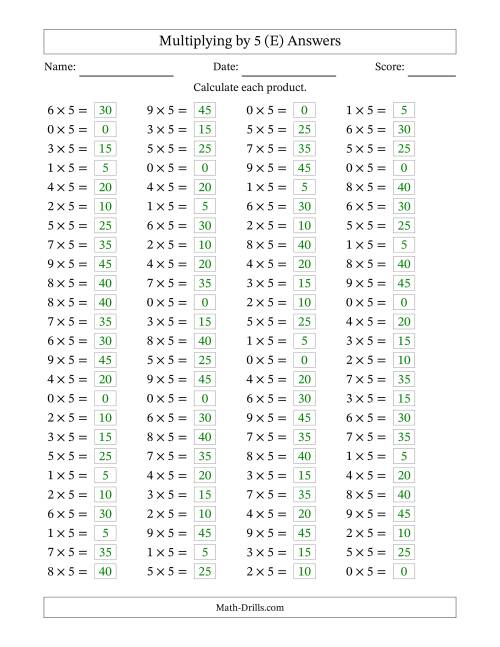 The Horizontally Arranged Multiplying (0 to 9) by 5 (100 Questions) (E) Math Worksheet Page 2