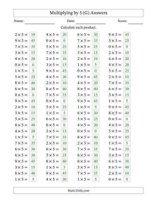 The Horizontally Arranged Multiplying (0 to 9) by 5 (100 Questions) (G) Math Worksheet Page 2