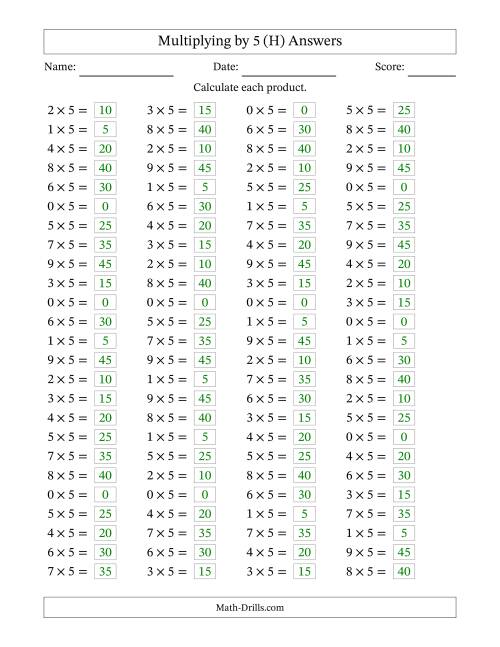 The Horizontally Arranged Multiplying (0 to 9) by 5 (100 Questions) (H) Math Worksheet Page 2