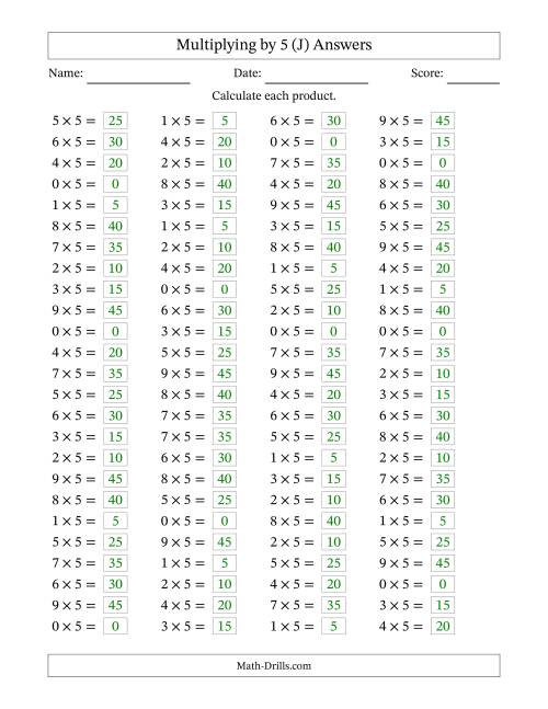 The Horizontally Arranged Multiplying (0 to 9) by 5 (100 Questions) (J) Math Worksheet Page 2