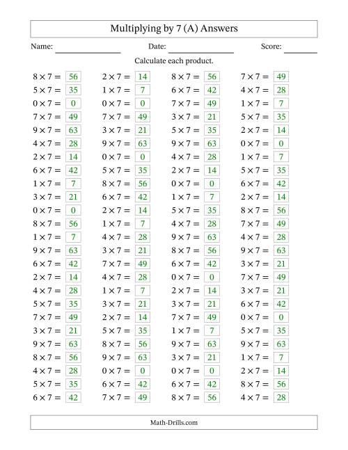 The Horizontally Arranged Multiplying (0 to 9) by 7 (100 Questions) (A) Math Worksheet Page 2