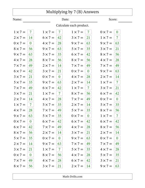 The Horizontally Arranged Multiplying (0 to 9) by 7 (100 Questions) (B) Math Worksheet Page 2