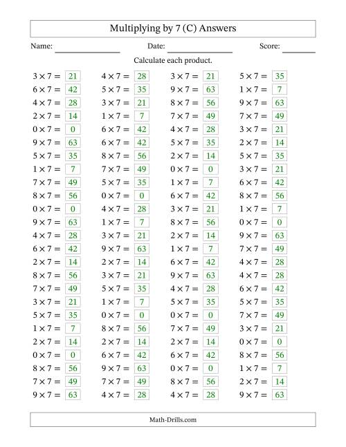 The Horizontally Arranged Multiplying (0 to 9) by 7 (100 Questions) (C) Math Worksheet Page 2