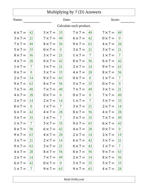 The Horizontally Arranged Multiplying (0 to 9) by 7 (100 Questions) (D) Math Worksheet Page 2