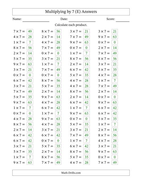 The Horizontally Arranged Multiplying (0 to 9) by 7 (100 Questions) (E) Math Worksheet Page 2