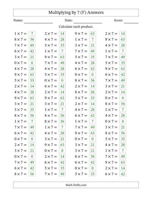 The Horizontally Arranged Multiplying (0 to 9) by 7 (100 Questions) (F) Math Worksheet Page 2