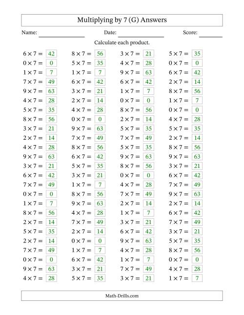 The Horizontally Arranged Multiplying (0 to 9) by 7 (100 Questions) (G) Math Worksheet Page 2