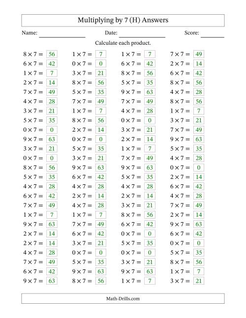 The Horizontally Arranged Multiplying (0 to 9) by 7 (100 Questions) (H) Math Worksheet Page 2