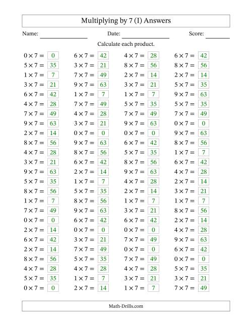The Horizontally Arranged Multiplying (0 to 9) by 7 (100 Questions) (I) Math Worksheet Page 2