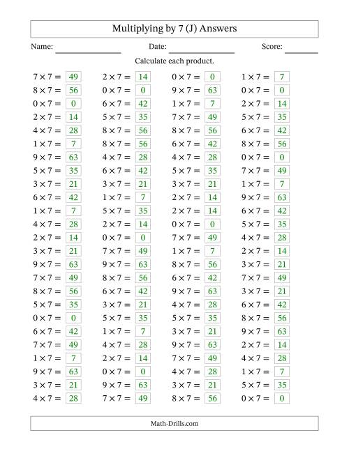 The Horizontally Arranged Multiplying (0 to 9) by 7 (100 Questions) (J) Math Worksheet Page 2