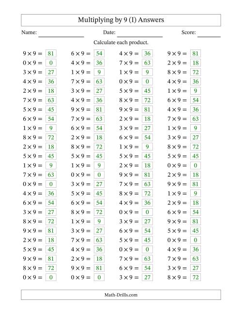 The Horizontally Arranged Multiplying (0 to 9) by 9 (100 Questions) (I) Math Worksheet Page 2