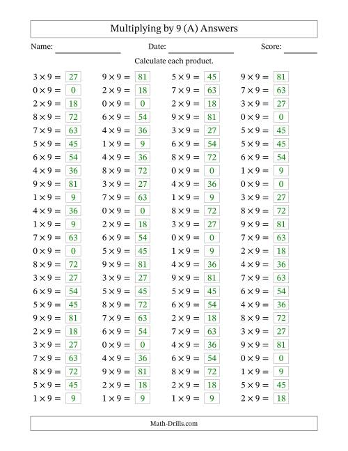 The Horizontally Arranged Multiplying (0 to 9) by 9 (100 Questions) (All) Math Worksheet Page 2