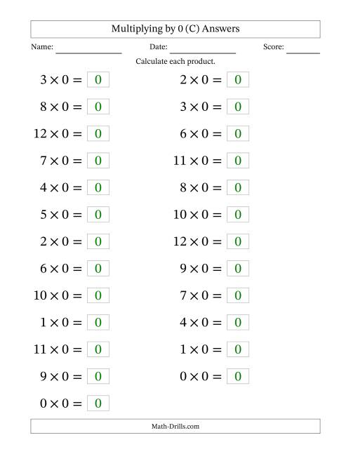 The Horizontally Arranged Multiplying (0 to 12) by 0 (25 Questions; Large Print) (C) Math Worksheet Page 2