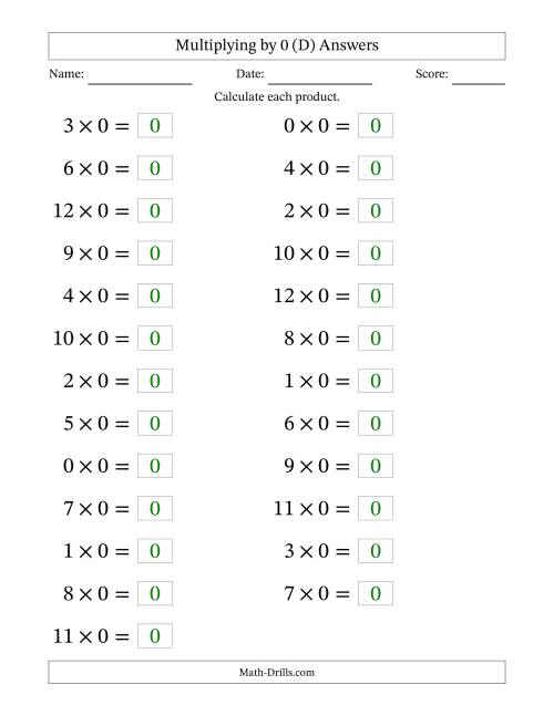 The Horizontally Arranged Multiplying (0 to 12) by 0 (25 Questions; Large Print) (D) Math Worksheet Page 2