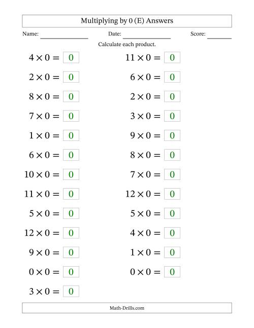 The Horizontally Arranged Multiplying (0 to 12) by 0 (25 Questions; Large Print) (E) Math Worksheet Page 2