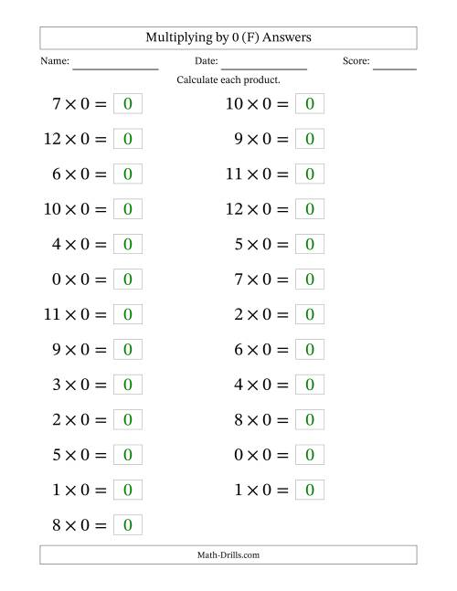 The Horizontally Arranged Multiplying (0 to 12) by 0 (25 Questions; Large Print) (F) Math Worksheet Page 2