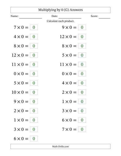 The Horizontally Arranged Multiplying (0 to 12) by 0 (25 Questions; Large Print) (G) Math Worksheet Page 2