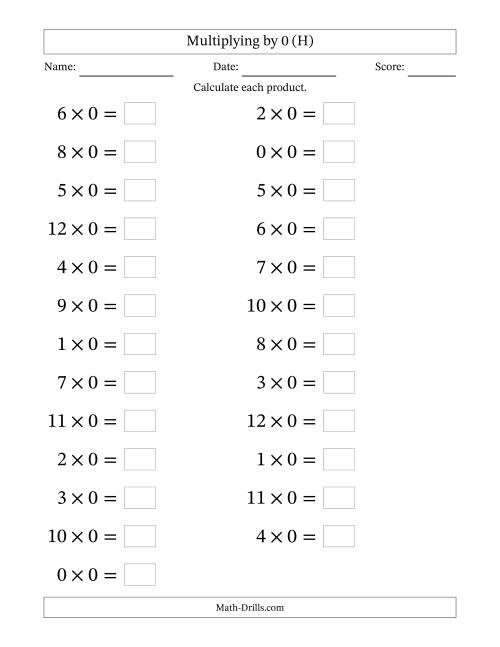 The Horizontally Arranged Multiplying (0 to 12) by 0 (25 Questions; Large Print) (H) Math Worksheet