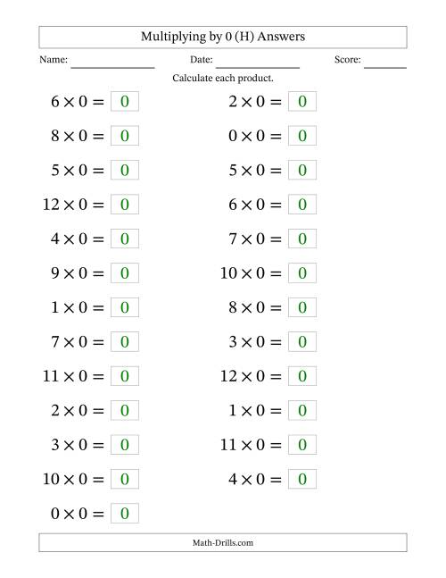 The Horizontally Arranged Multiplying (0 to 12) by 0 (25 Questions; Large Print) (H) Math Worksheet Page 2