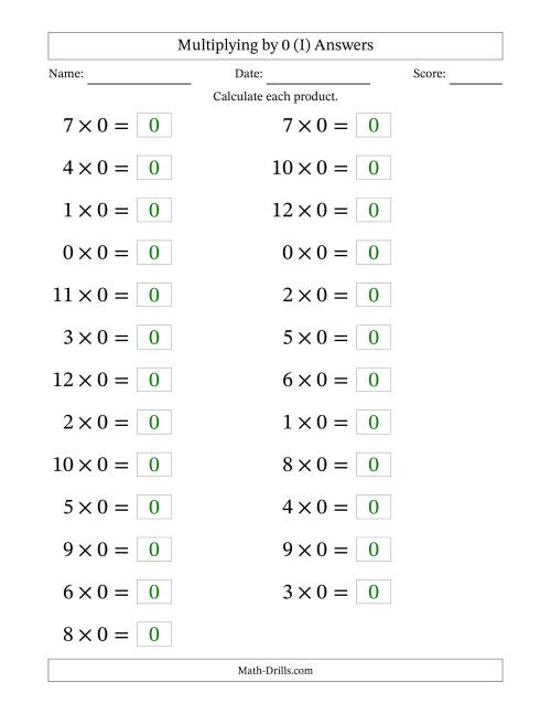 The Horizontally Arranged Multiplying (0 to 12) by 0 (25 Questions; Large Print) (I) Math Worksheet Page 2