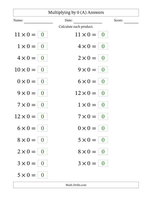 The Horizontally Arranged Multiplying (0 to 12) by 0 (25 Questions; Large Print) (All) Math Worksheet Page 2