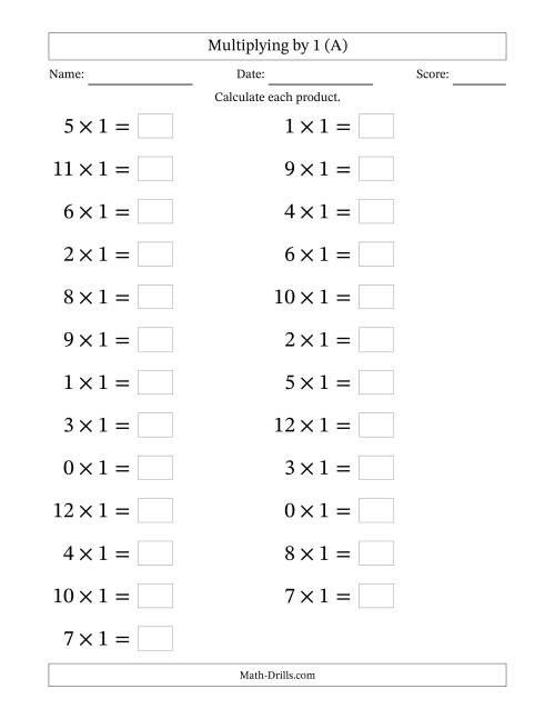 The Horizontally Arranged Multiplying (0 to 12) by 1 (25 Questions; Large Print) (A) Math Worksheet